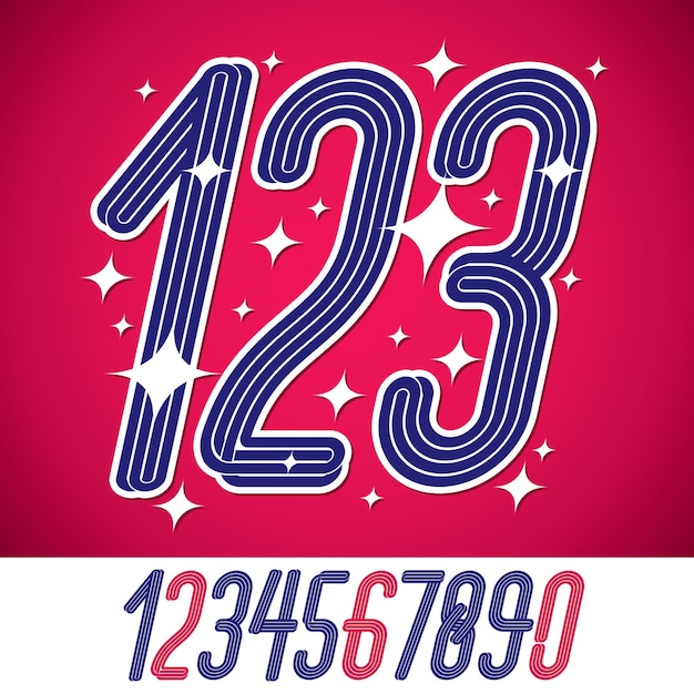 vector artistic funky elegant tall cursive numbers, modern numerals set made with triple stripes. can be used for logo creation in entertainment business.