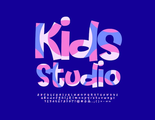 Vector artistic poster kids studio. funny colorful font. bright alphabet letters, numbers, symbols