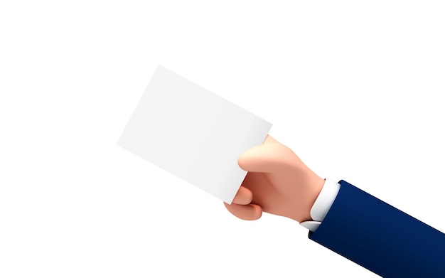 Vector Ð¡Ðartoon hand holds out blank paper label or tag on white background. Businessman hand holding white paper