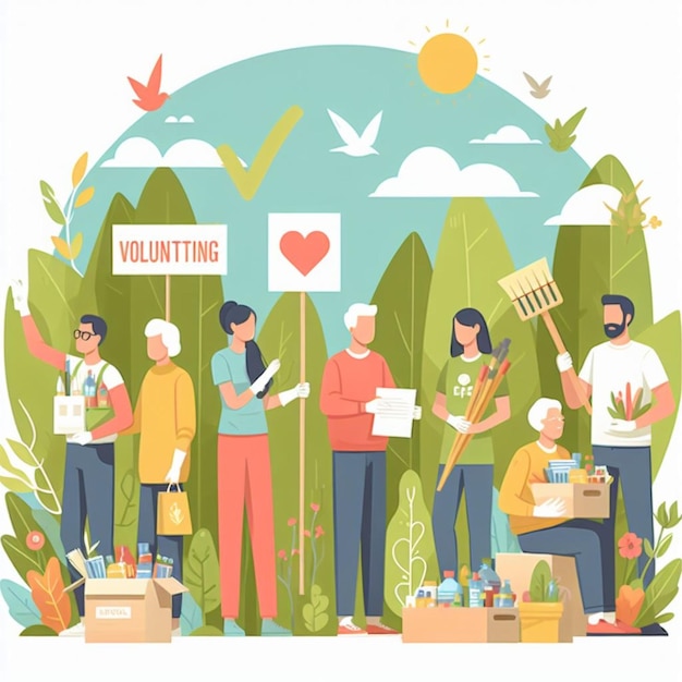 Vector Artwork Depicting Volunteers in Action for Charity