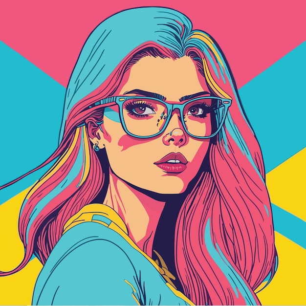 Векторное изображение POP ART POP Art Красивая девушка в очках с длинными волосами