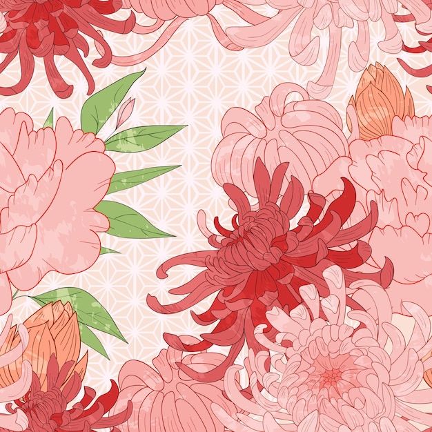 Vector asian seamless background with peonies and geometric pattern chinese pattern with flowers