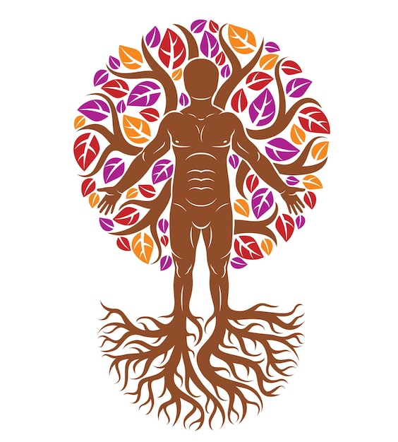 vector athletic man created as continuation of tree with strong roots and organic autumn leaves. wanderlust and countryside vacation idea, natural lifestyle.