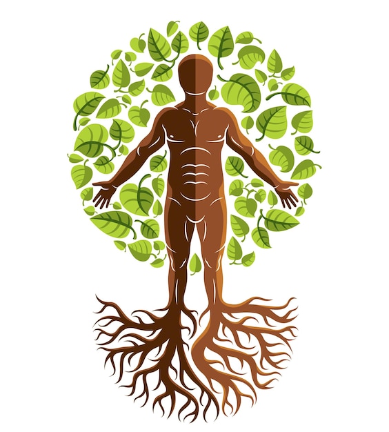 vector athletic man created as continuation of tree with strong roots and organic green leaves. green tourism, go green idea illustration.