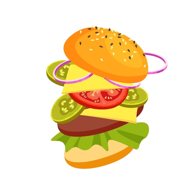 Vector attractive jumping hamburger Burger with cheese tomatoes chop lettuce pickles Fast food