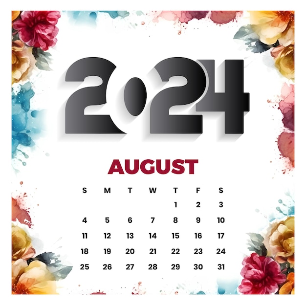 Vettore vettore calendario floreale di agosto 2024