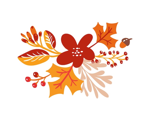 Vector autumn bouquet elements maple orange leaves berries flat lay composition isolated