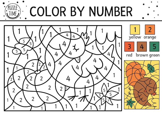 잠자는 새 호박으로 숫자 활동에 의한 벡터 가을 색상 가을 추수 감사절 또는 숲 색칠 및 귀여운 캐릭터가 있는 계산 게임 아이들을 위한 재미있는 색칠 페이지 xA