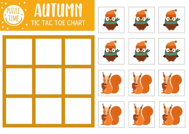 Vector autumn forest tic tac toe chart with cute owl and squirrel Woodland board game playing field with animal and bird Funny printable worksheet for kids Fall noughts and crosses grid xA