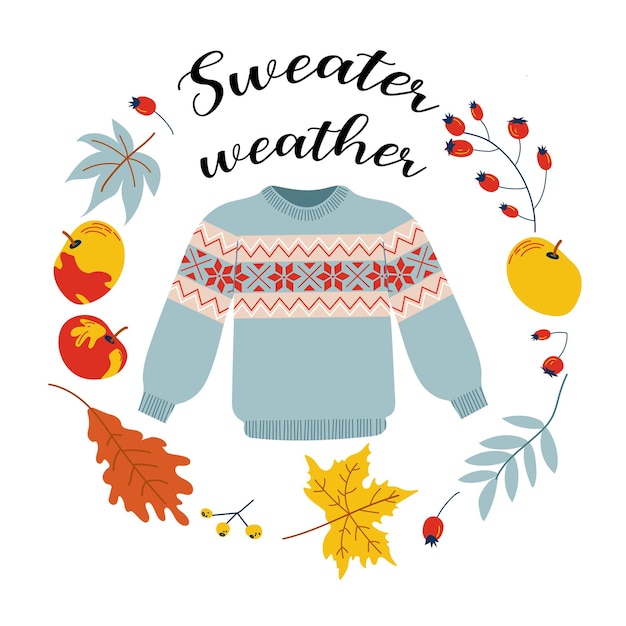 Vector vector autumn greeting card with knitted sweater falling leaves apples and hand written text