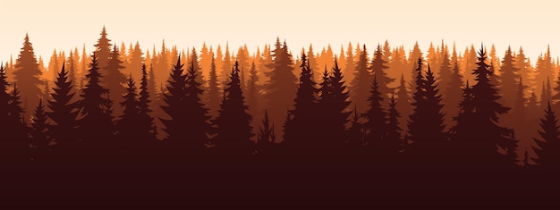 Vector autumn horizontal landscape with fog forest spruce fir and morning sunlight Fall season