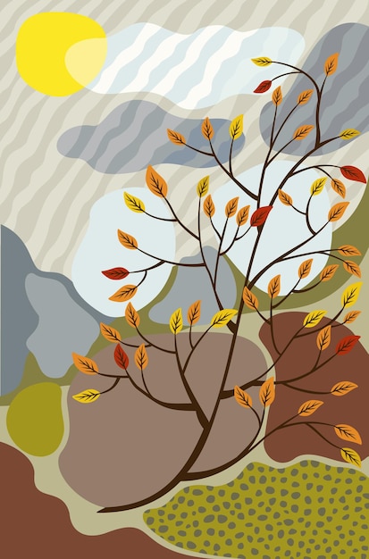 Vector vector autumn landscape in warm colors with branch of tree. warm tiny colors.