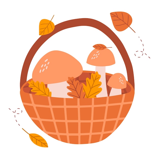 Vector autumn postcard with wicker backet and mushrooms, colorful leaves.
