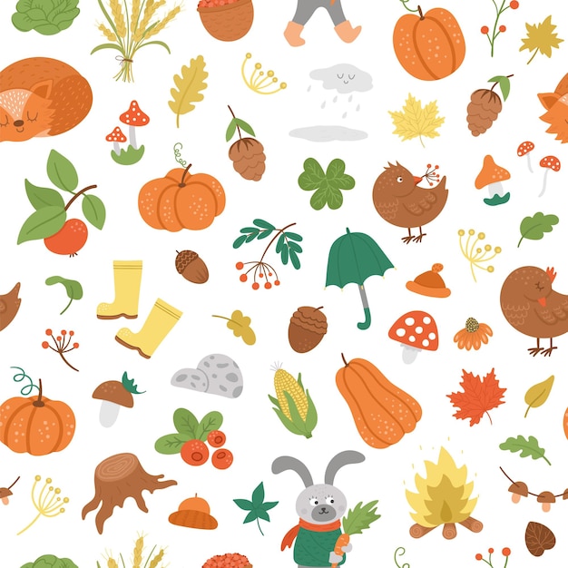 Vector autumn seamless pattern. Cute fall season background. Digital paper with forest animals