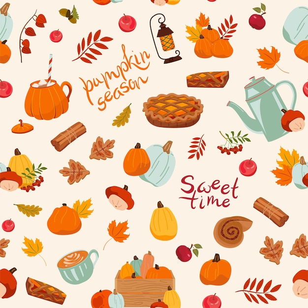 Vector autumn seamless pattern with cinnamon cookies pumpkin pie and floral elements texture