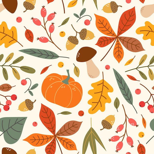 Vector autumn seamless pattern with fall leaves and plants pumpkins mushrooms berries