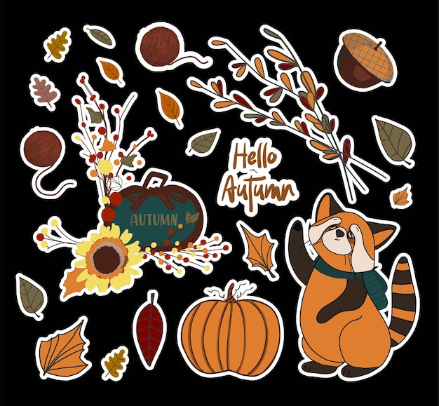 Vector autumn set of stickers PUMPKINS AND BRANCHES