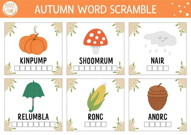 Vector autumn word scramble карточки активности игра на английском языке с милым тыквенным грибным зонтом для детей осенний сезон семейная викторина простой образовательный лист для печати setxa