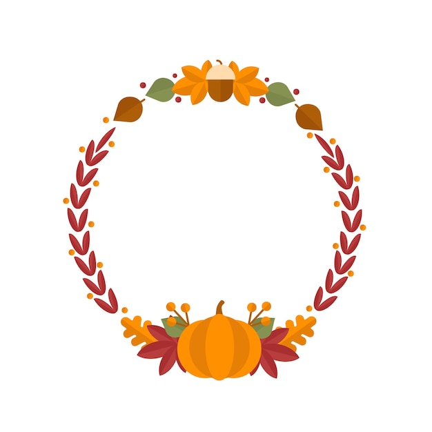 Vector autumn wreath with branches leaves cone pumpkin Round frame