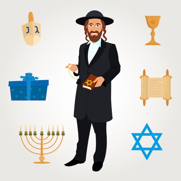 Avatar di vettore dell'uomo ebreo con il tradizionale copricapo.
