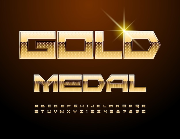 Vector award emblem gold metal with cool gold font trendy alphabet letters and numbers set