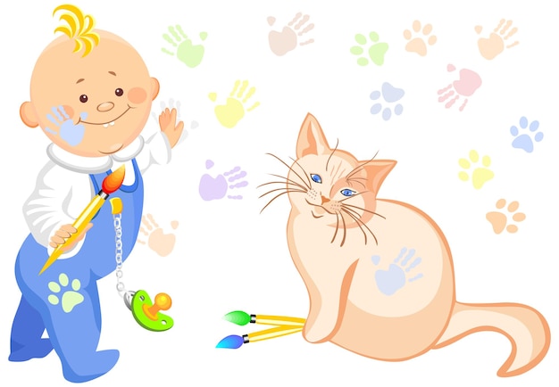 ベクトル男の子と猫の描画