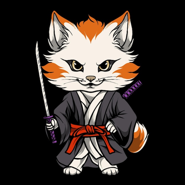 vector baby kitsune with samurai sword illustration tshirt design