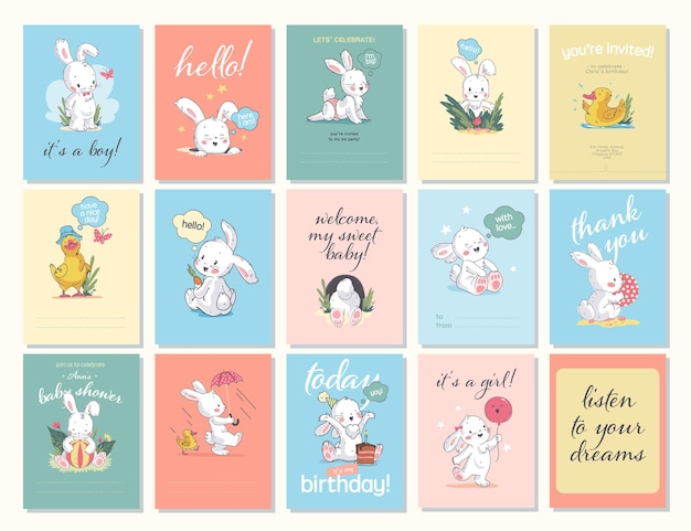 Vector vector baby shower design template collection. cute hand drawn little bunny character. flat lay. pastel colors. for happy birthday and anniversary party invitations, greeting cards, tags etc.