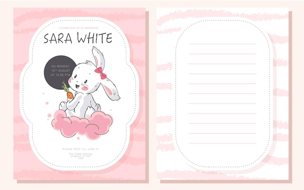 Vector baby shower design template. cute hand drawn little bunny character. flat lay. pastel colors. for happy birthday and anniversary party invitations, greeting cards, tags etc.