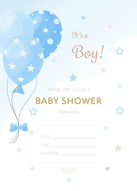 Modello di invito per baby shower vettoriale con palloncino blu e spazio vuoto per il riempimento è un ragazzo