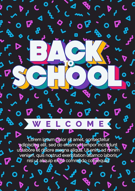 온라인 교육 학교 쇼핑 파티 포스터 이벤트 장식 인쇄 10eps를 위한 다채로운 멤피스 스타일 배경의 학교 배너로 돌아가는 벡터