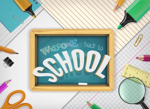 vector back to school concept with education elements school supplies textured chalkboard on notebook paper background