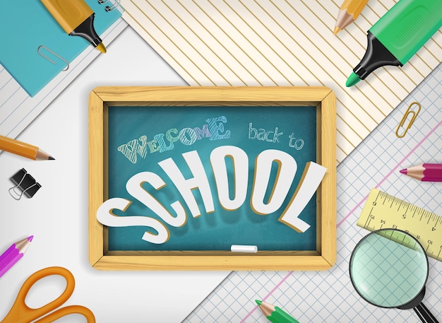 Vector Back to school concept with education elements school supplies textured chalkboard on notebook paper background