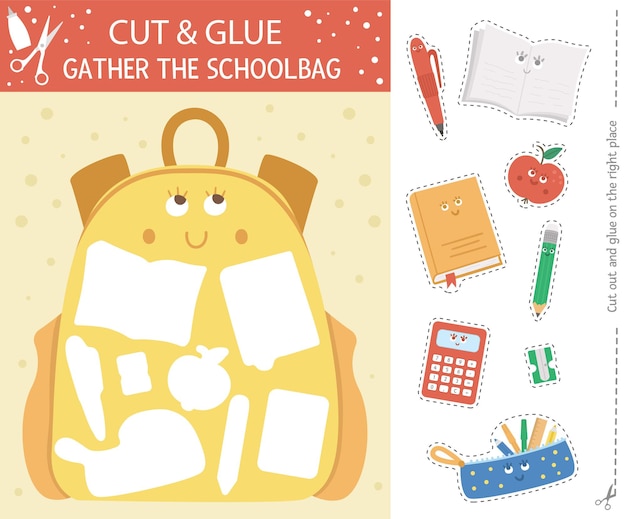 Vector vector back to school cut and glue activity. autumn educational crafting game with cute kawaii schoolbag. fun activity for kids. what goes to backpack printable worksheet