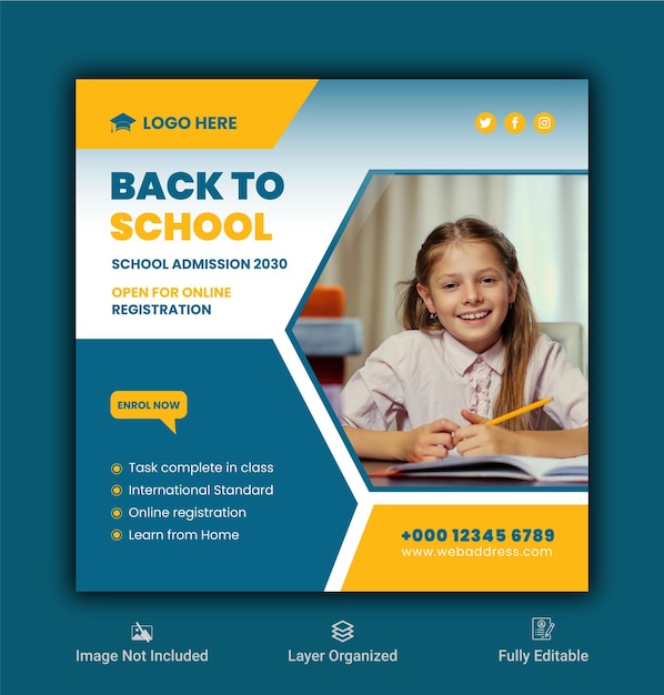 Vector back to school education admission social media post and web banner