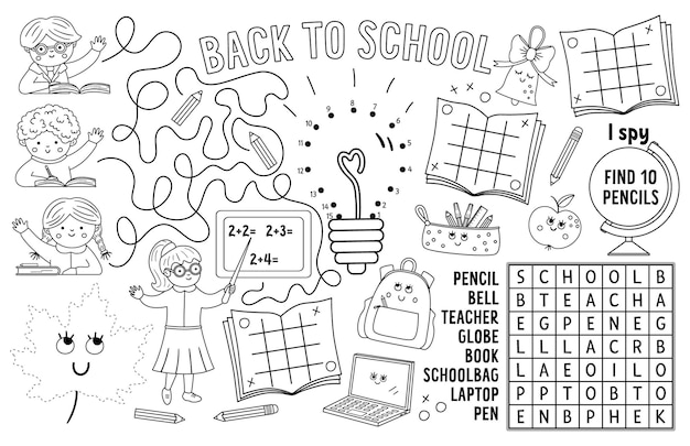 Vector back to school placemat for kids fall printable activity mat with maze, coloring page