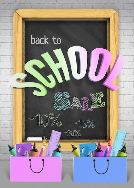 Vector vector back to school sale concept with colorful education elements and blackboard on textured brick wall background