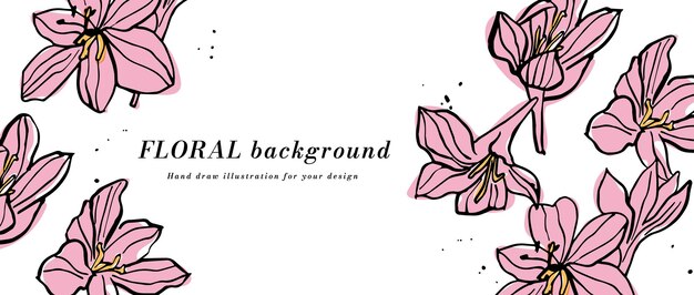 Sfondio vettoriale o banner con fiori di magnolia rosa e modello tipografico sfondi web arte floreale lineare con illustrazione botanica