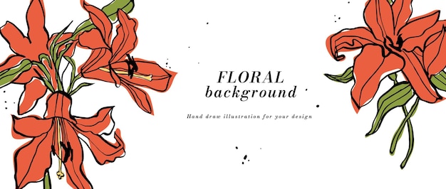 ベクトル背景またはバナー 赤いリリーの花とタイポグラフィーのテンプレート ウェブの壁紙 植物学的なイラストの線形花の芸術