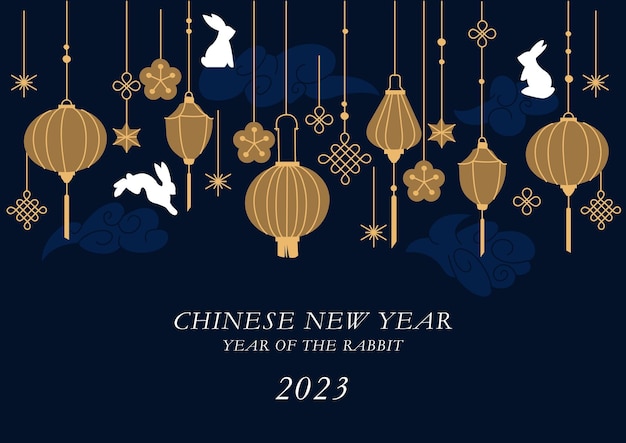 Vector background or card for Chinese new year with illustration rabbits and paper lanterns and decoration