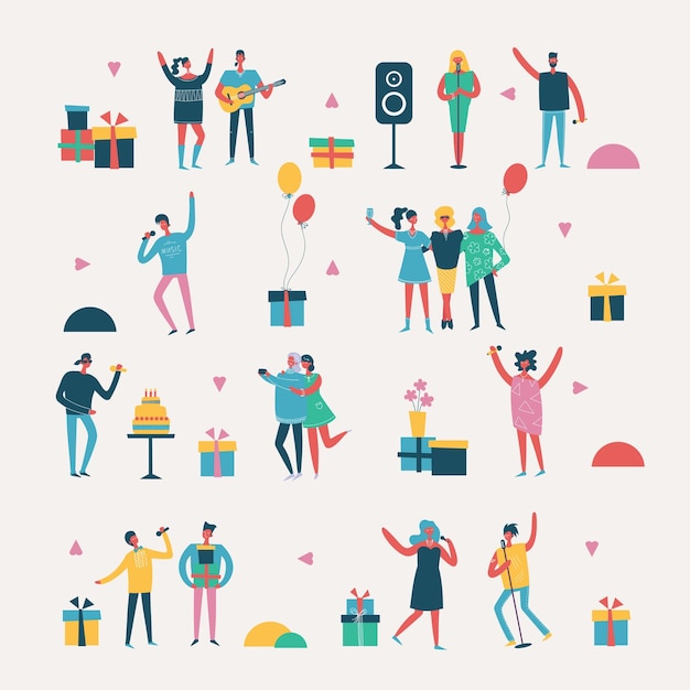 Vector background in a flat style of group of happy friends celebrating birthday party