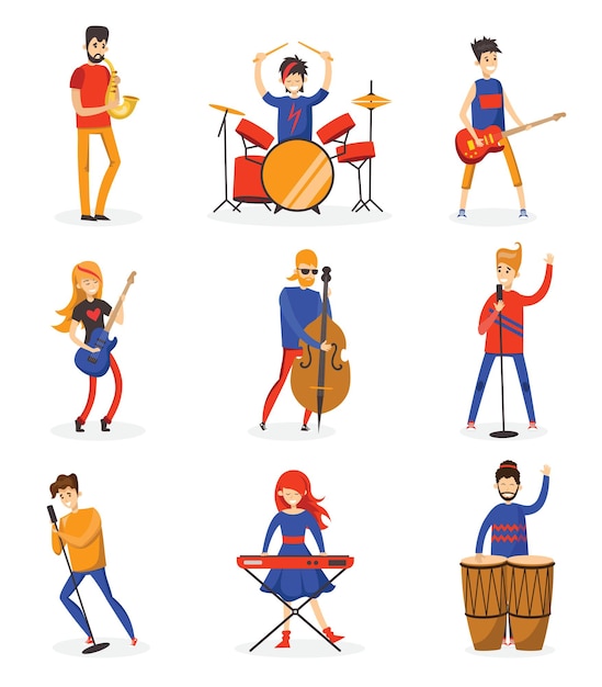 Vector background in a flat style of group of singing and playing music instrument people