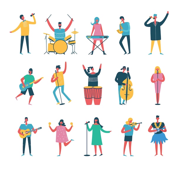 Vector background in a flat style of group of singing and playing music instrument people