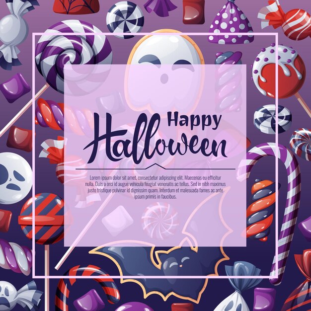 Sfondio vettoriale per invito di halloween o biglietto di auguri invito di vacanza trick or treat poster banner con cookie di fantasma e pipistrello caramelle inquietanti dolci biscotti lecca-lecca