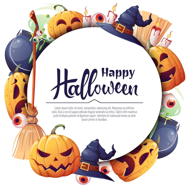 Vector background for Halloween invitation or greeting card Pumpkins witch s cauldron broom hat Great for flyer banner backdrop