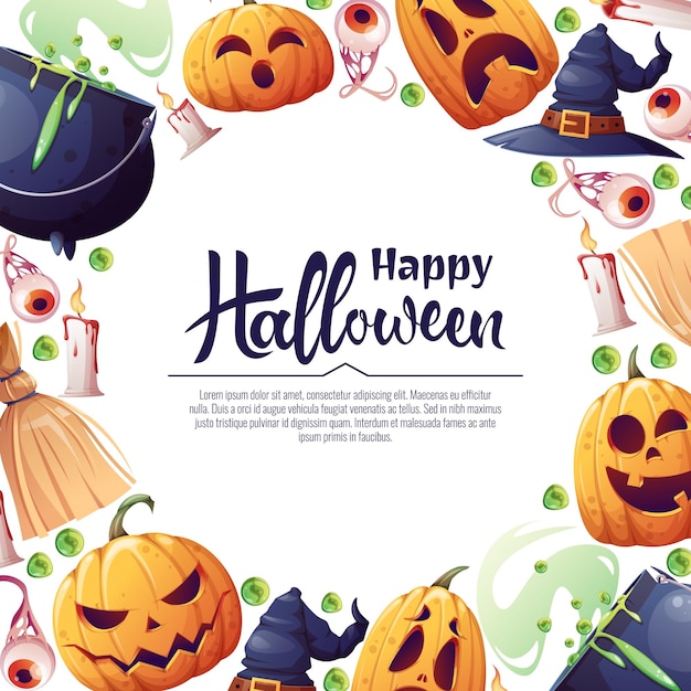 Vector background for Halloween invitation or greeting card Pumpkins witch s cauldron broom hat Great for flyer banner backdrop