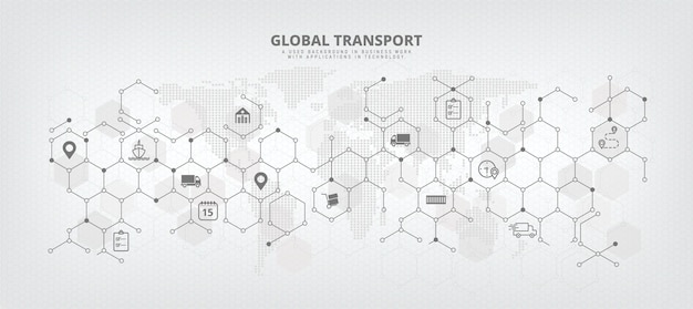 세계 지도 배경 및 아이콘이 있는 가져오기/내보내기, 유통 및 국제 운송 개요와 관련된 개념이 있는 글로벌 공급망 및 물류의 벡터 배경 이미지입니다.