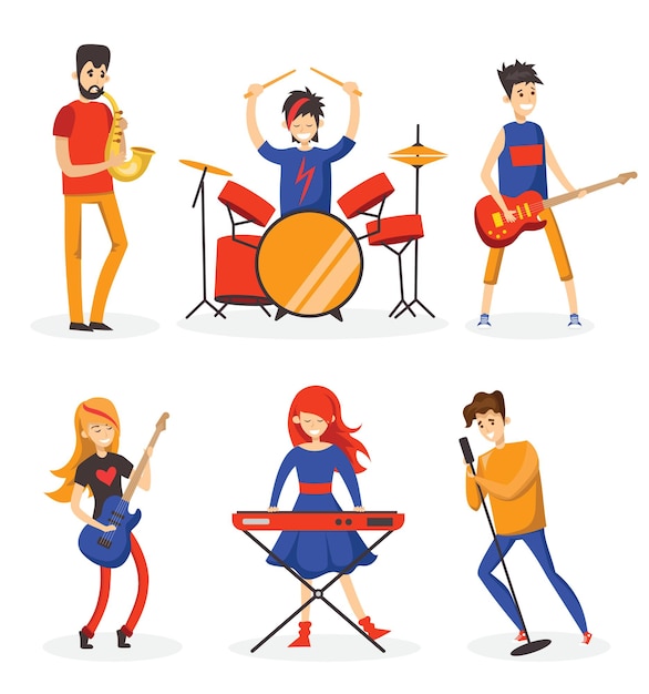 楽器の人々の歌と演奏のグループのフラットスタイルのベクトルの背景