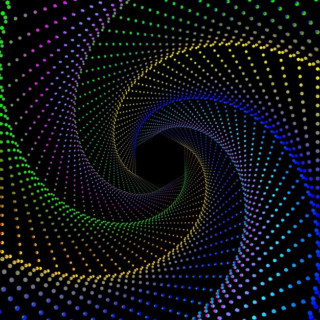 Vector background of multicolor dotted spiral vortex. Swirl pattern dots wallpaper design.