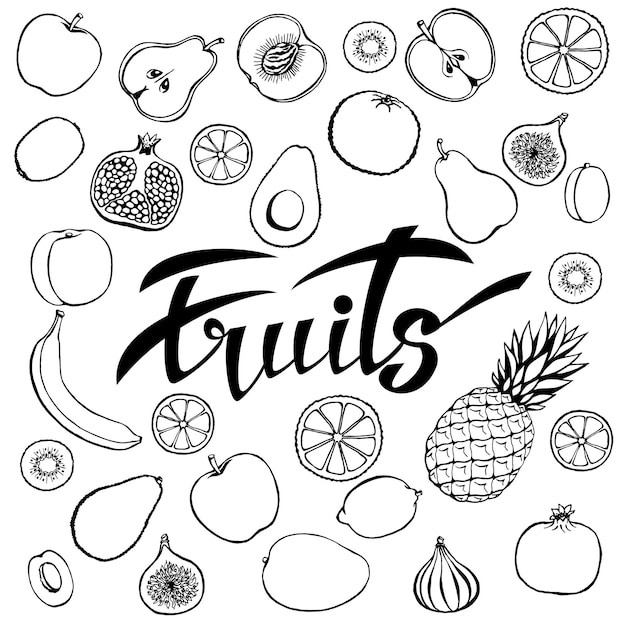 건강 식품의 벡터 배경입니다. 손으로 그린 과일과 글자 과일이 있는 포스터 또는 배너.